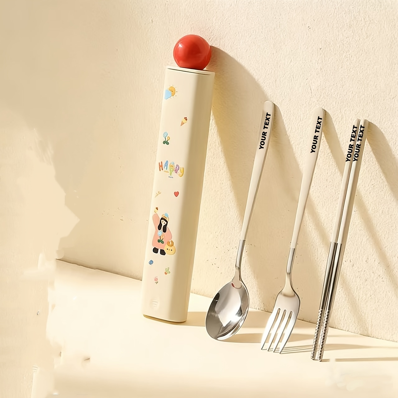 TEMU Personalized Customization, 304 Food Grade Portable Tableware Spoon Fork Chopstick Set, Dopamine Color Matching Cute Tableware Set, Portable,