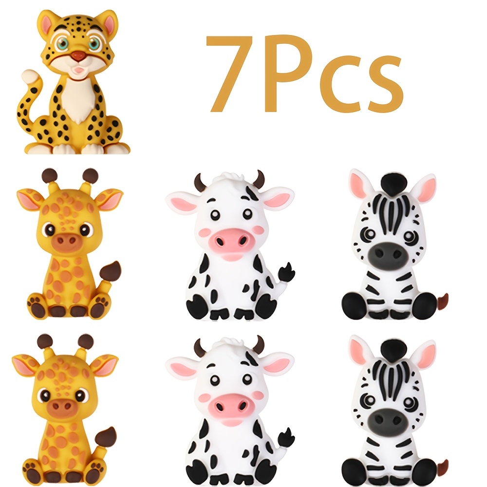 TEMU Lot de 7 perles 3D en silicone sur le thème des animaux mignons avec perles focales zèbre, vache, , , cadeaux , cadeau d'anniversaire, parfait