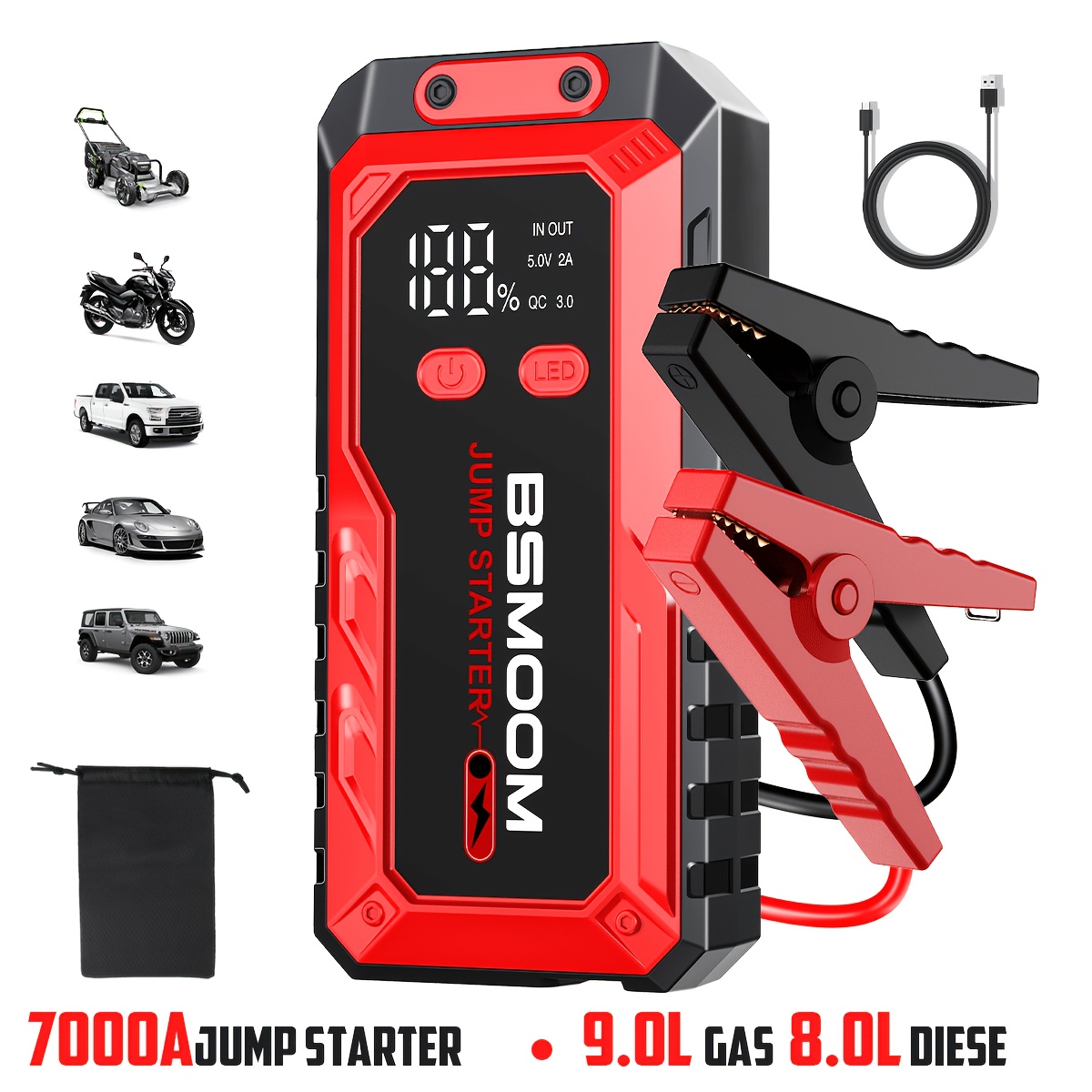 TEMU Bsmoom 7000a Car Booster, Portable Power Supply, Emergency , Jump Starter Box With Led Light And Lcd Screen (suitable For 10.0l Gasoline Engine