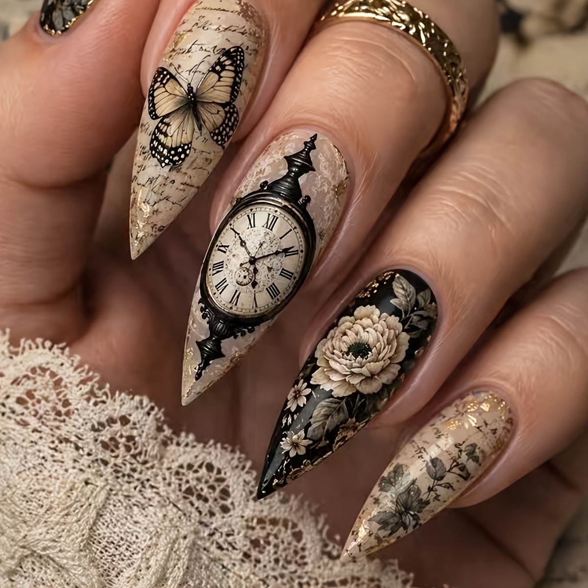 TEMU Medium-length 24pcs Elegant Clock Pattern False Nails, Fashionable Press-on Nails, Removable And Reusable, Vintage Style, Convenient For Events,