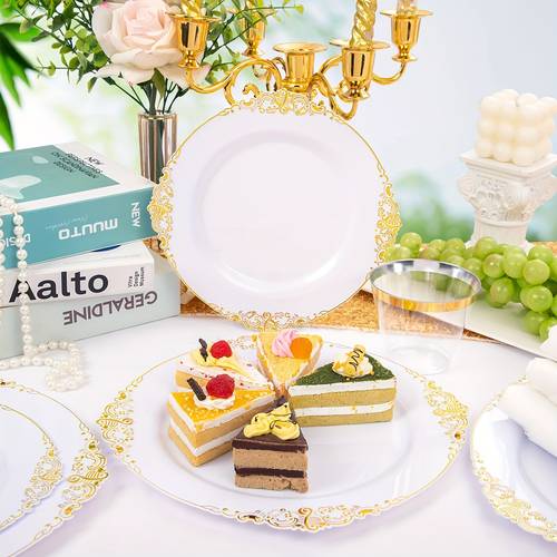 175pcs white and golden plastic plates pre rolled napkins with plastic cutlery for 25 guests golden disposable plates 75 golden plastic silverware 25cups 25napkins for valentines day wedding party