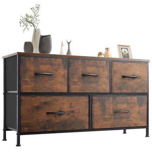 5 drawer wide dresser suitable for bedroom living room freestanding wood with fabric bins compact chest of drawers low profile organizer unit assembly for hallway khaki saving storage drawer units