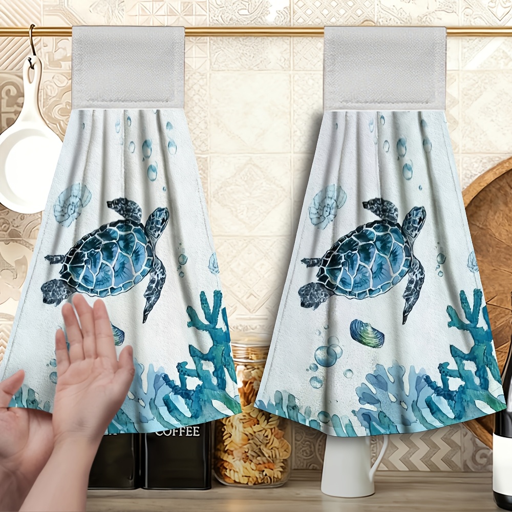 TEMU 2pcs Hanging Hand Towel Turtle Coral Bubble Ocean Blue Pattern Tea Towel, Soft Microfiber Material, Cartoon Easy Aesthetic Design, Quick-drying,