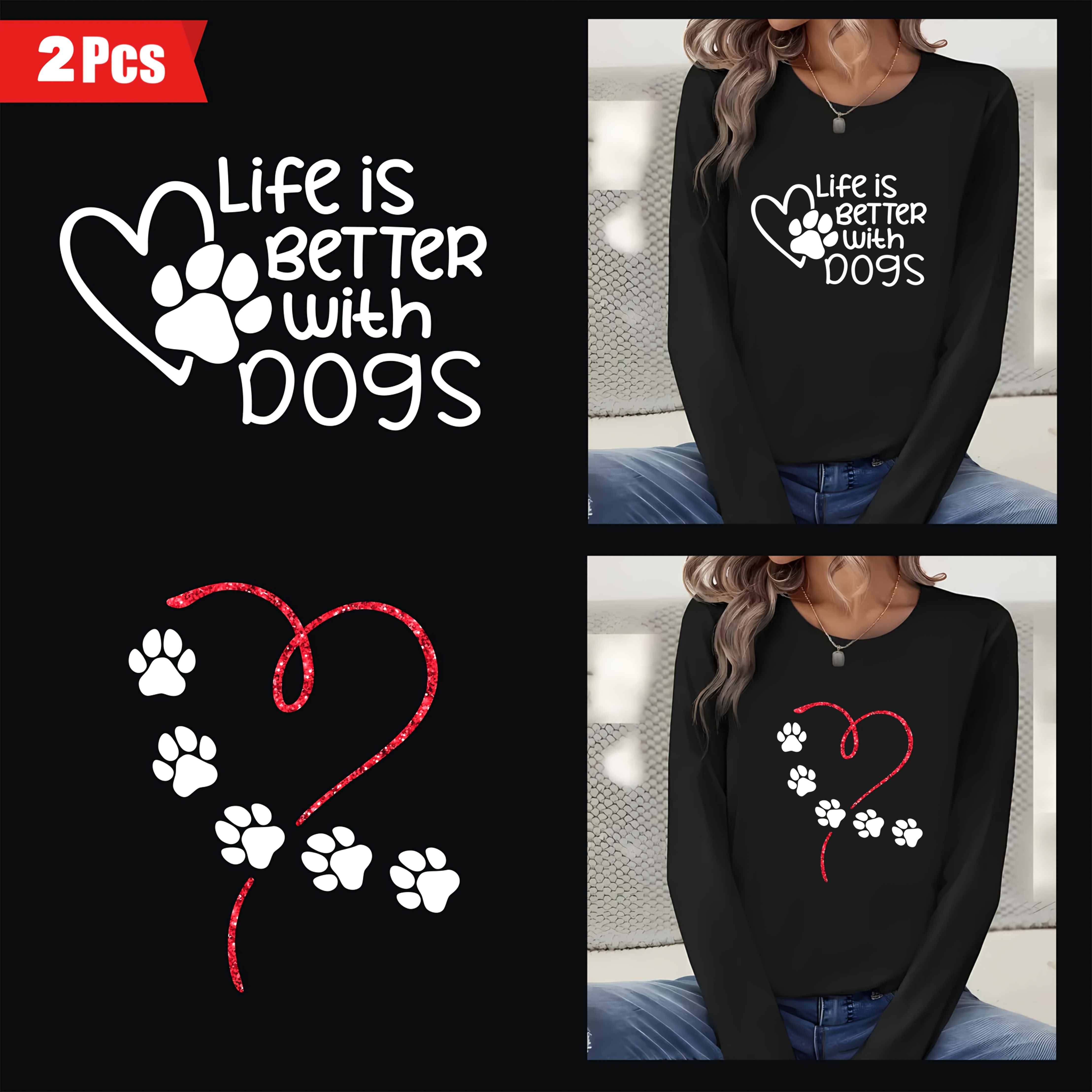 

2pcs Dog Paw & Heart Iron-on Vinyl Transfers - " With Dogs" Design For , Bags, And Home Decor - & Washable Long Sleeve Tops
