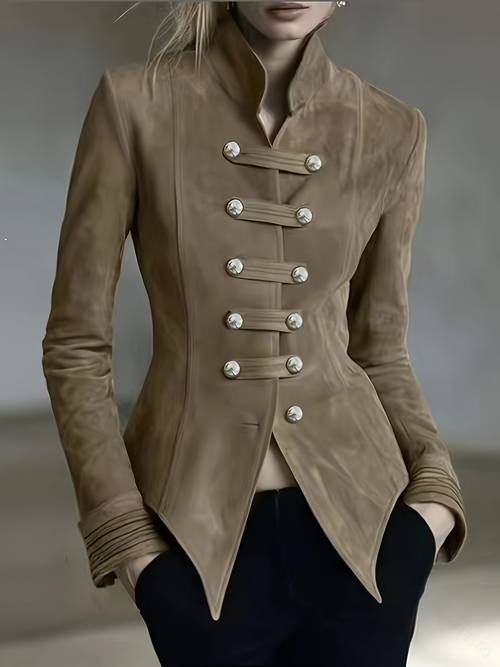 imagen del artículo chaqueta de cuero sintético para mujer estilo militar retro con cuello , botones dorados en la cintura, irregular y corte irregular, estilo para viajes diarios