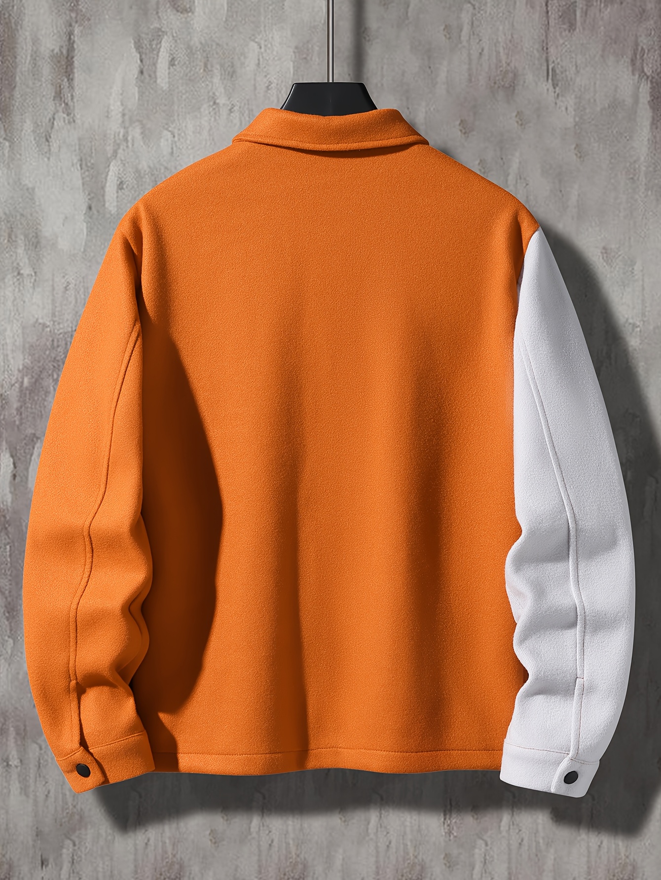 Men's Color Block Corduroy Jacket - Casual Winter Coat with Pockets, Button-Up Front, Orange & White Design, Snap Closure, Polyester Material