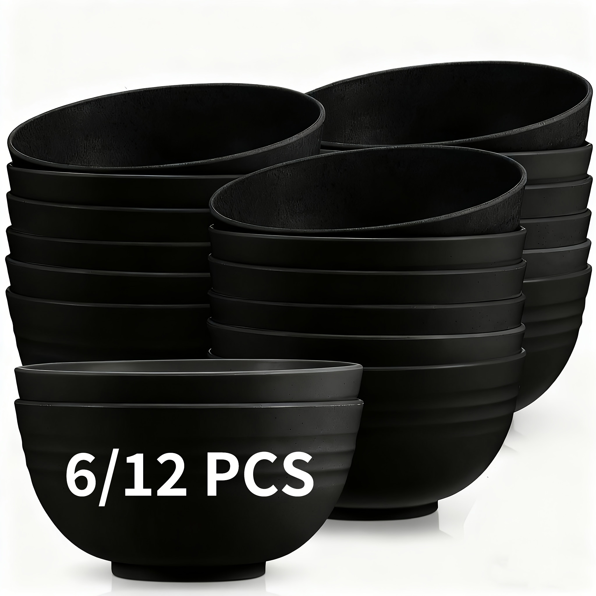 12/6pcs Black Plastic Dinner Bowl Set, Round 26oz, Kitchen Unbreakable Bowls, Perfect for Home Kitchen Restaurant Cafeteria, Microwave Safe, Dishwasher Safe, Salad Soup Ramen Snacks Rice, Reusable Salad Bowl Set, Lightweight Durable Easy To Clean St