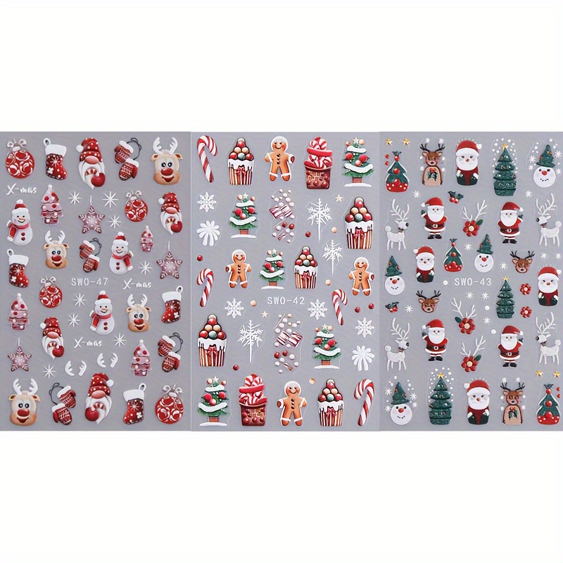 Image of 3pcs Christmas Nail Art Stickers - Santa, Snowman & Reindeer Designs With Sparkling Snowflakes And Trees - Self-adhesive Decals For Holiday