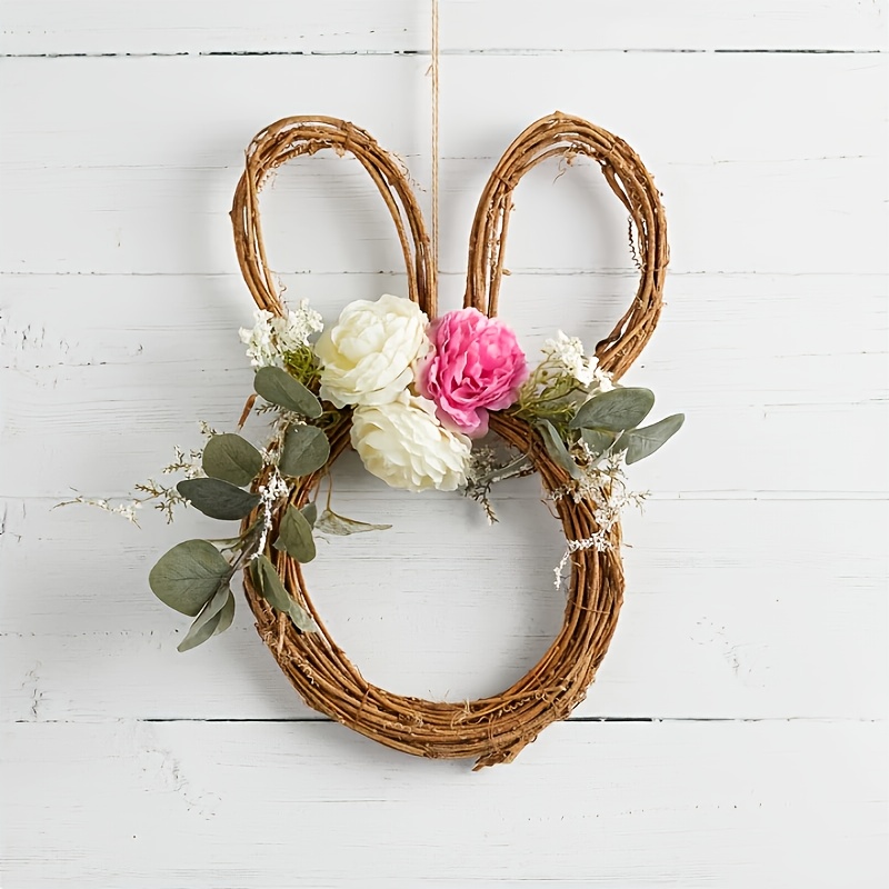 

1pc Americana Style 13.7inch Rabbit Wreath With Ears And Bow, Plastic Floral Wall Hanging Decor For Easter, Farmhouse Home Decoration, No Electricity Or Feathers Required