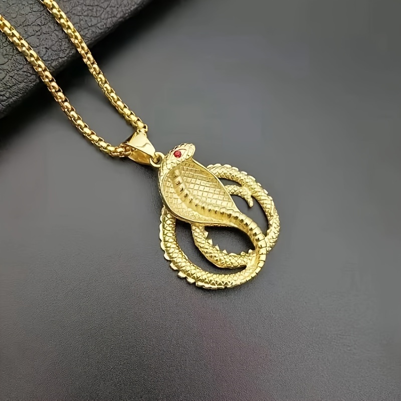 cool and handsome mens gold tone cobra pendant necklace with red eye detail antique gold plated zinc alloy hip hop style snake chain jewelry details 3