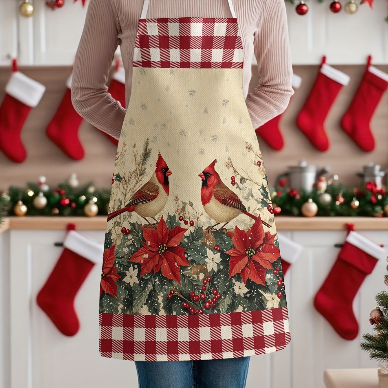 TEMU 1pc Christmas Poinsettia Bird Themed Printed Apron, Suitable For Work, Parties, Cooking, And Various Holidays And Dining Occasions.
