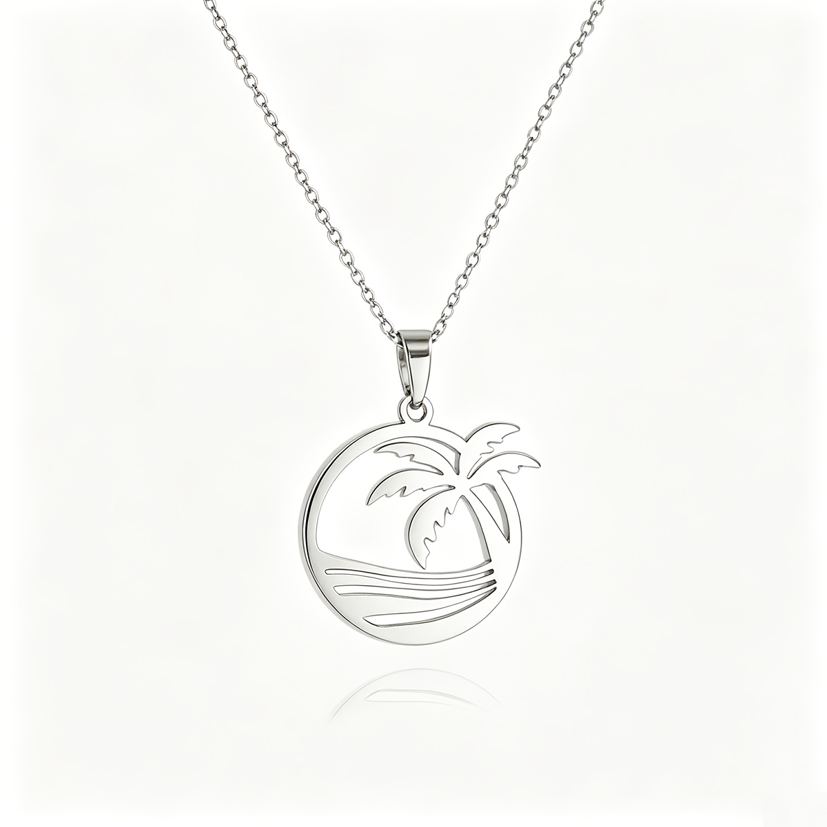 TEMU A 304 Stainless Steel Hypoallergenic Hollowed-out Coconut Tree And Ocean Wave Round Pendant Necklace, Featuring Coconut Tree And . Suitable For