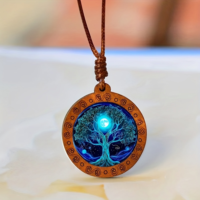 Image of 1pc Retro Moon And Tree Of Life Pendant, Wooden Pendant, Suitable For Daily Wear, Accessory, Unisex