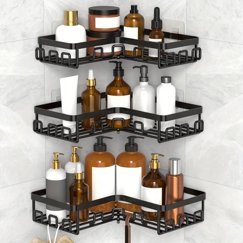 3pcs heavy duty stainless steel bathroom organizer set with strong mounting no drill installation space saving corner shelf with 3 tier storage for bathroom modern bathroom storage rack bathroom shelves