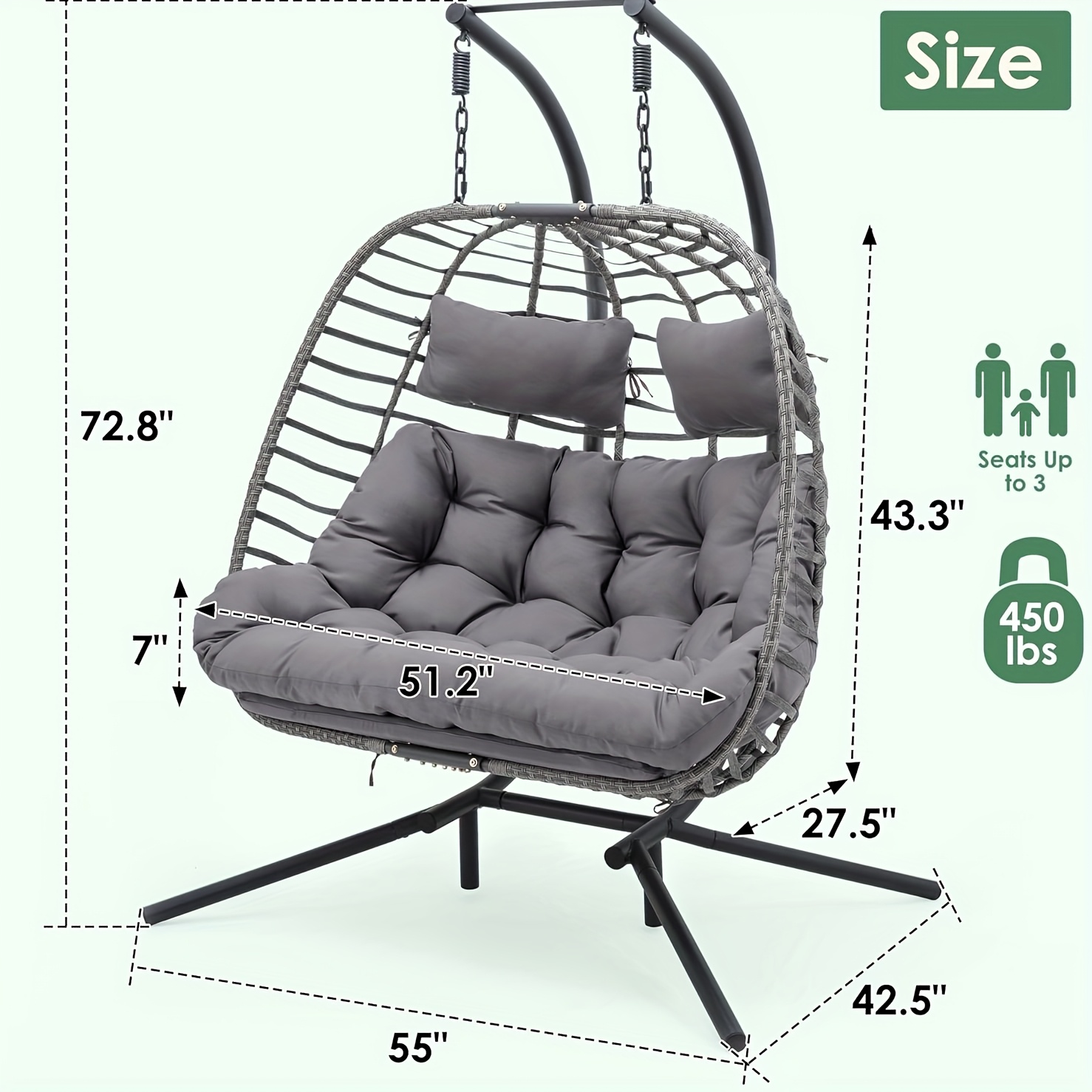 double egg swing chair with stand for outdoor, patio hand made rattan wicker 2 double hanging egg chairs hammock chair with uv resistant cushion and metal frame, porch swing loveseat for backyard details 1