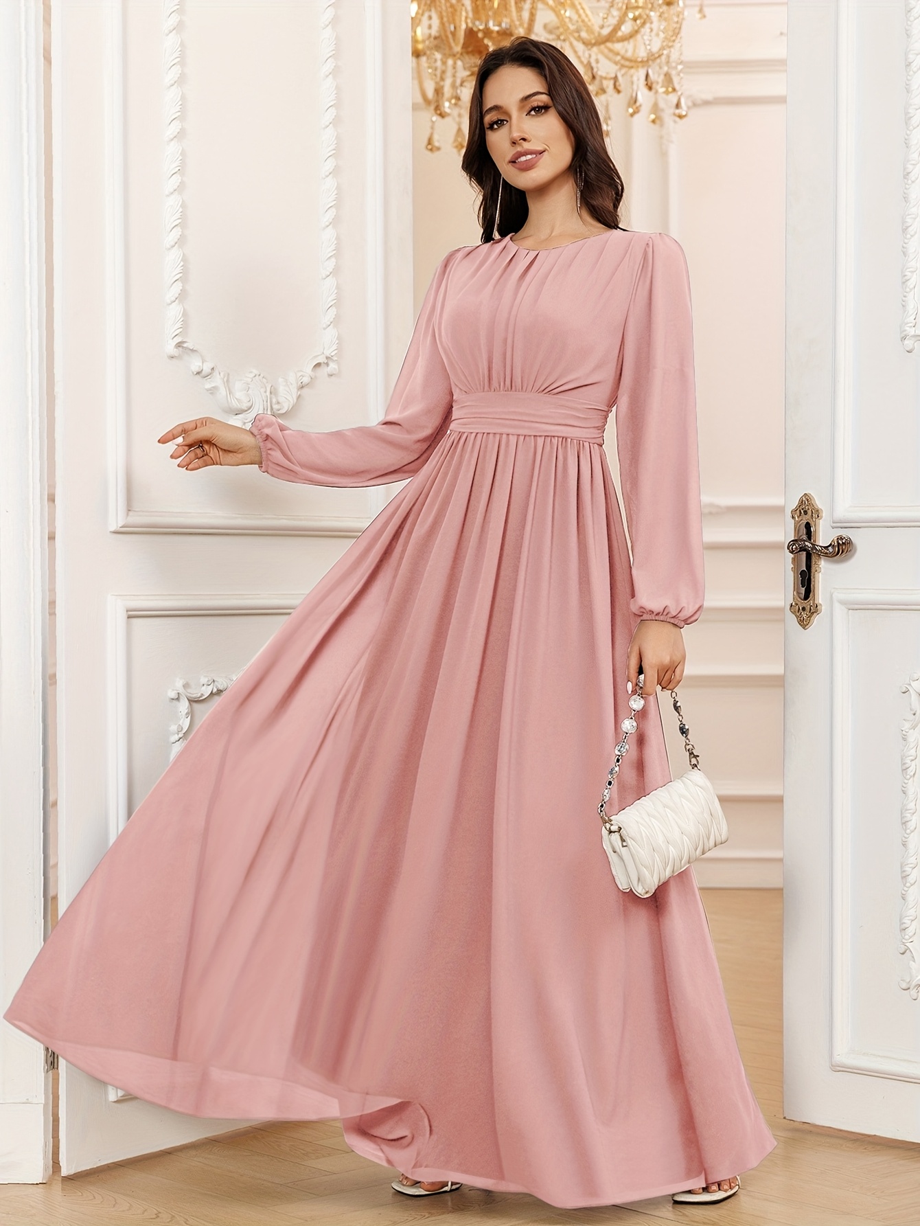 chiffon formal dress with sleeves Elsie Modern A-Line Long Sleeves Chiffon Dresses, Blushing Pink main image 0