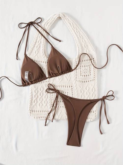 2025 new solid color halter tie thong womens split bikini set