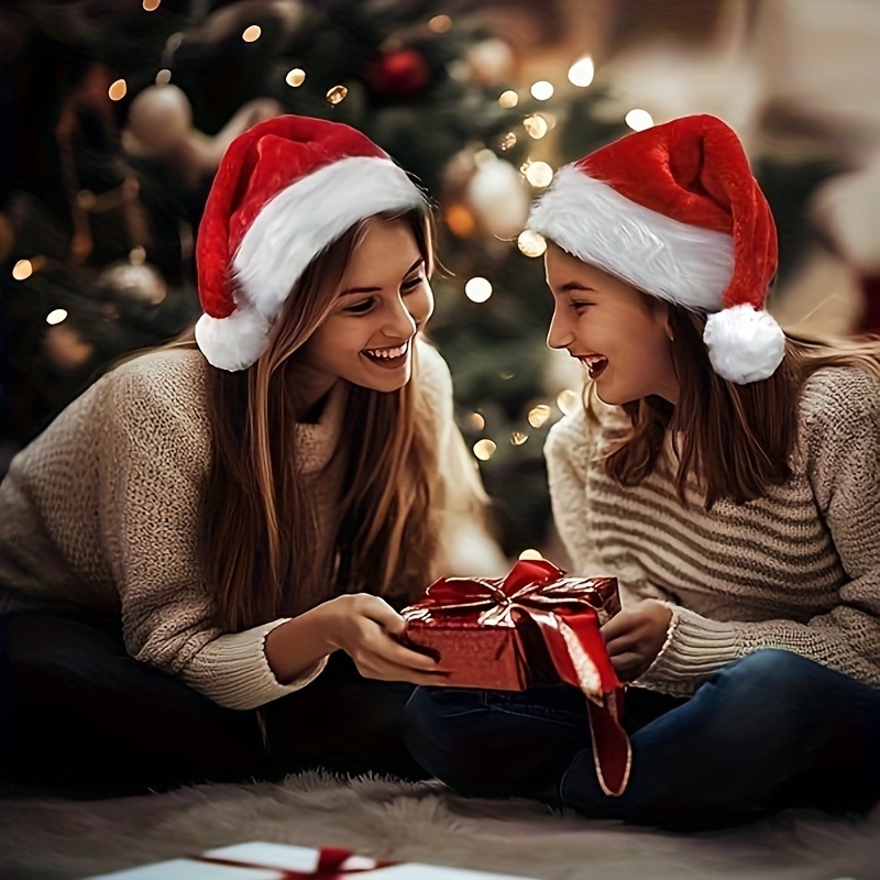 4pcs Festive Santa Hats - Red & Plush Christmas Party Hats with Fluffy Pom-Poms, Perfect for Holiday Celebrations, Adult Holiday Accessories, Christmas Party Decorations, Christmas Hat, Funny Hat Christmas, New Year