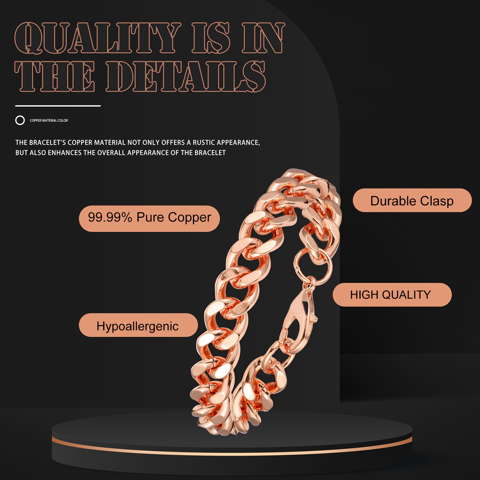 Tondiamo Copper Bracelet for Men Valentine Jewelry Gift 1 Unit Men's Solid Copper Link Pure Bracelets for Women Jewelry Gift
