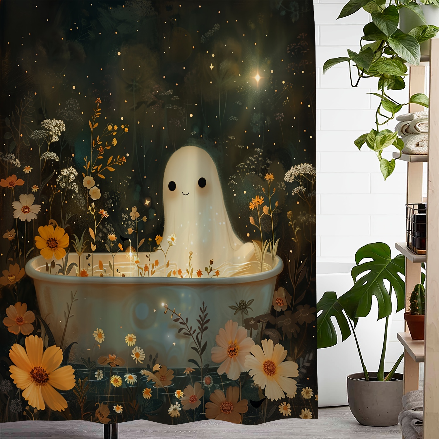 

Vintage Ghost Bathtub Floral & Firefly Shower Curtain, Polyester Artistic Design, Water-resistant With 12 Hooks, Machine Washable, Woven Bath Accessory