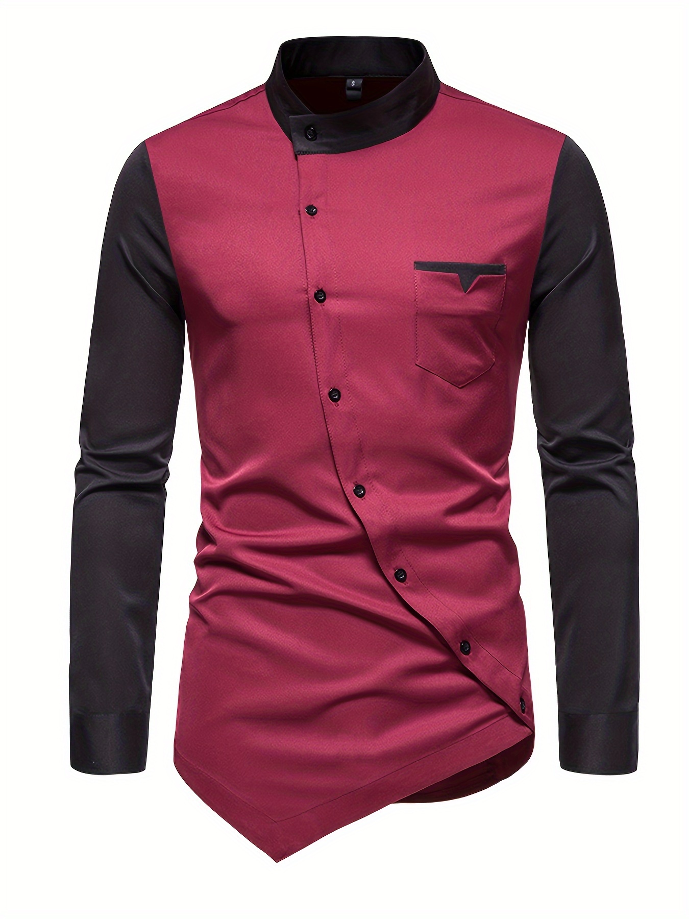 Color: Burgundy European Size Youth Foreign Trade Slant Button Irregular Color Block Henry Collar High-End Shirt
