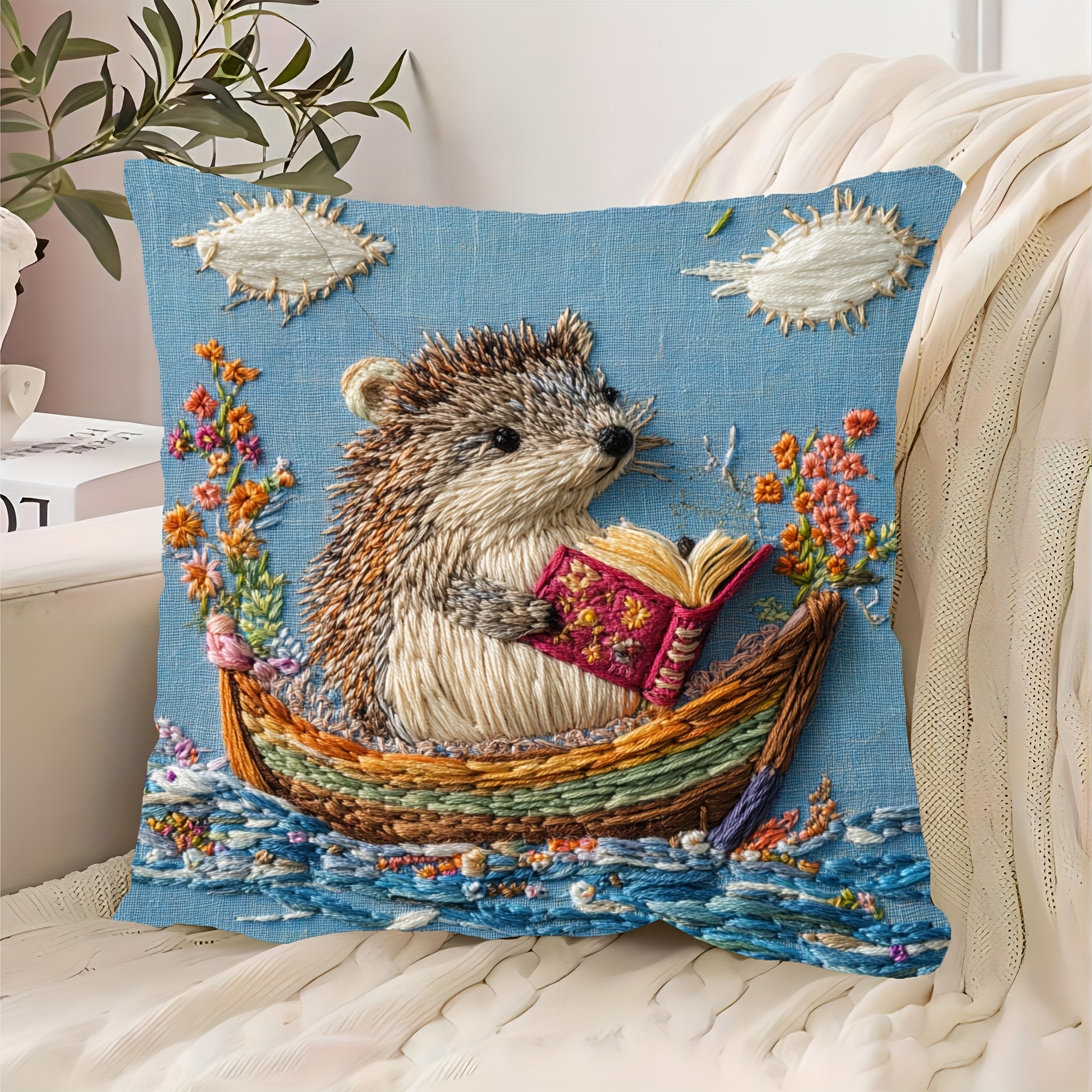 

1pc Contemporary Embroidered Hedgehog Reading Boat Throw Pillow Cover, Polyester Short Plush Decorative , Machine Washable, Zipper Closure, Woven, With No Insert For Home, Sofa, Bedroom