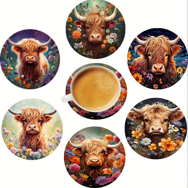

6-piece Sunflower & Bull Art Coasters Set - Heat-resistant, Non-slip, Decorative Drink Mats For Home, Office & Parties, Wood, 3.94" X 3.94