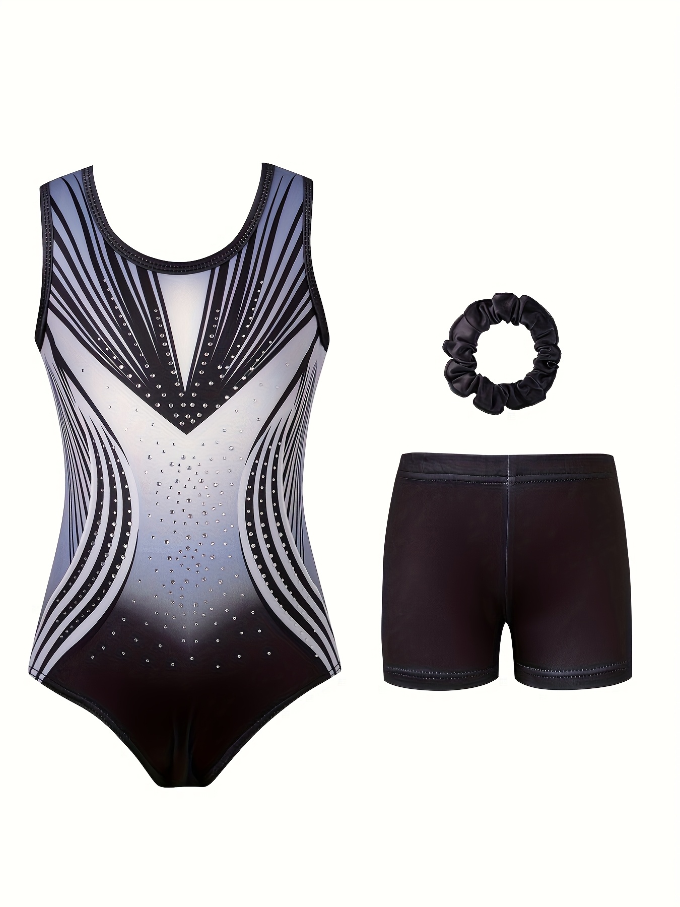 easy luxurious contrast hot drilled gymnastics leotard 3pcs set round neck sleeveless hollow out   tight leotard training outfit sports special training wear campus performance wear for outdoor