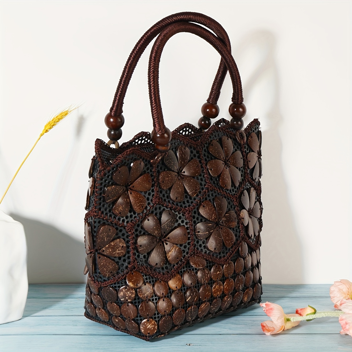 Handmade Bohemian Retro Geometric Plastic Handbag for Women - High-Quality Coconut Shell Design with Zipper Closure, Deep Brown Lining & Braided Handles, Versatile for Casual & Formal Occasions, Cute Purse