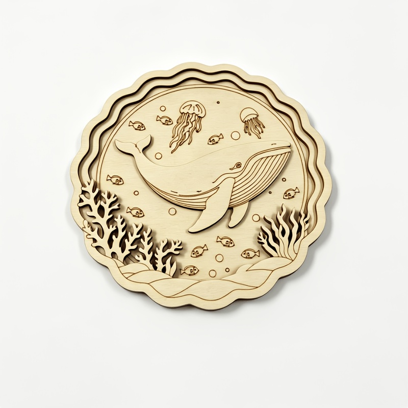TEMU 2d Flat - 1set Marine Theme 3d Wooden Decorative Ornaments 2d Flat Unfinished Laser Cut Wood Board (3 Layers) Hand Painting Coloring Whale