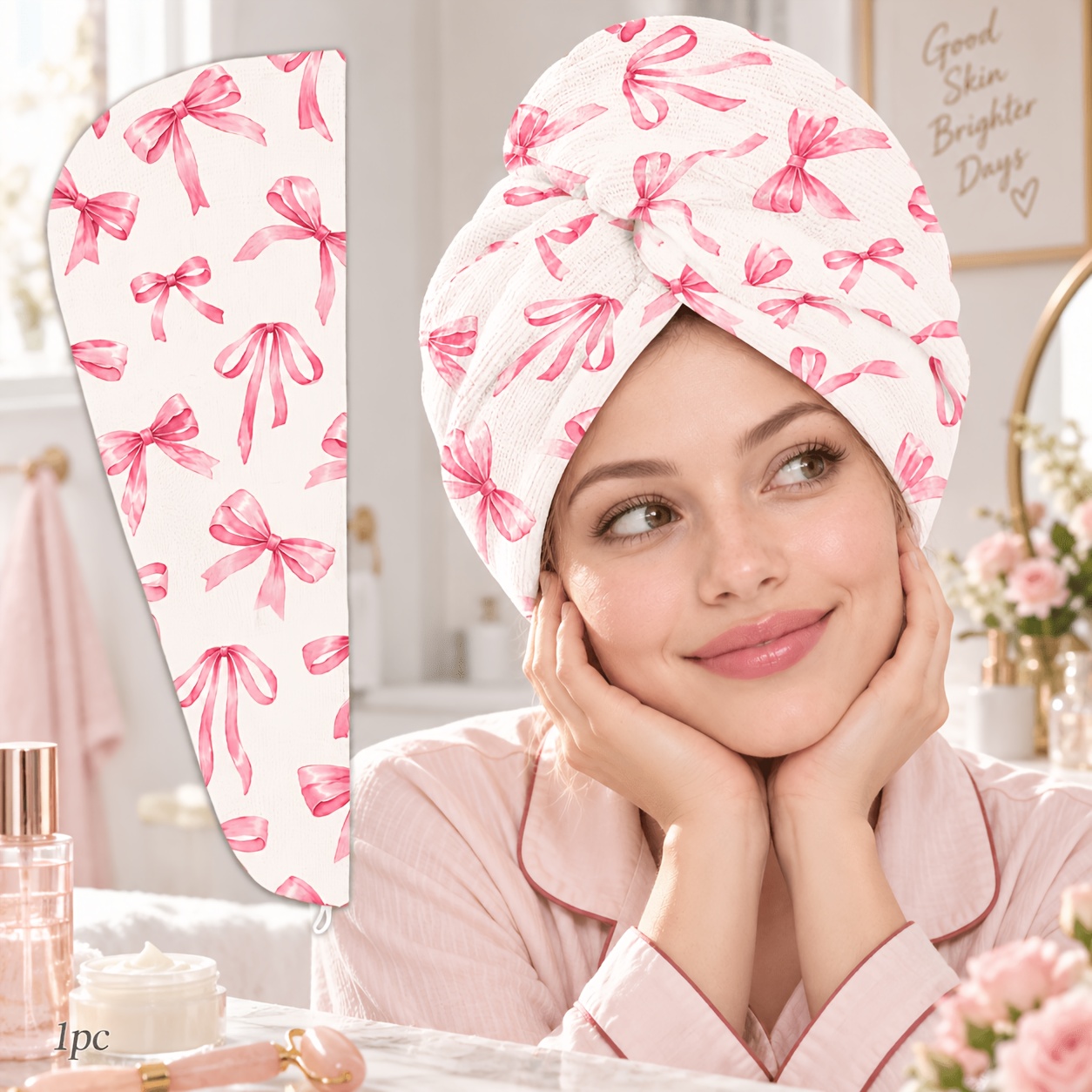 TEMU 1pc Women's Absorbent Quick-dry Hair Drying Cap, Soft Microfiber Pink Bow Pattern Head Wrap, Button-fastened Long Hair Drying Towel, Absorbent