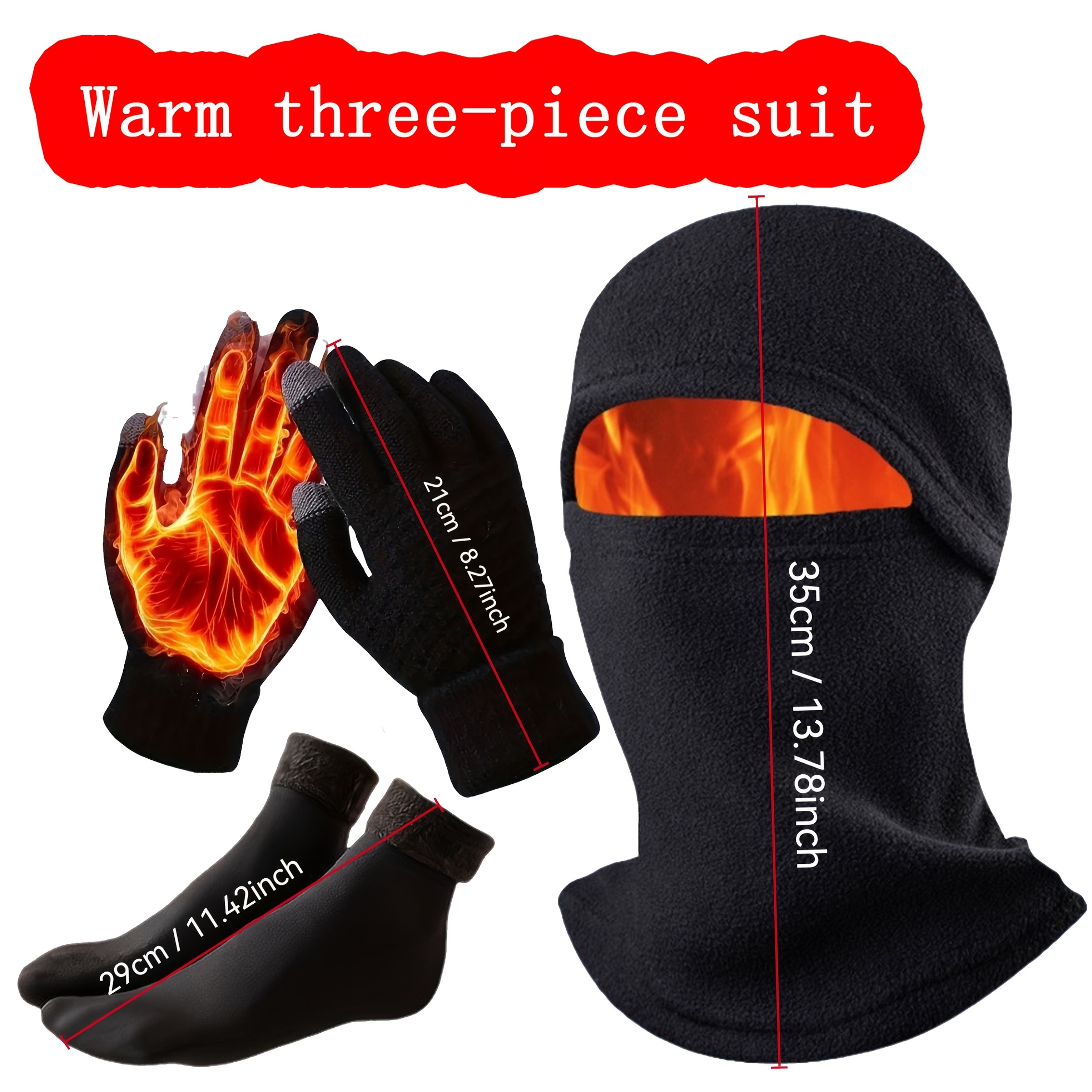3pcs Thermal Insulation Winter Set - Windproof & Warm Knit Balaclava/face Mask, Gloves & Ankle-Calf Socks - Cold Weather Gear for Skiing, Snowboarding, - Hand Washable Black Outdoor Survival Essential