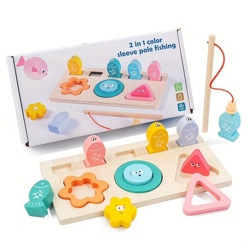 Image of Infant And Toddler Color And Shape Matching Block Fishing Game Toy, Dual-color Column Set, Baby Hand-eye Coordination Puzzle Educational Toy