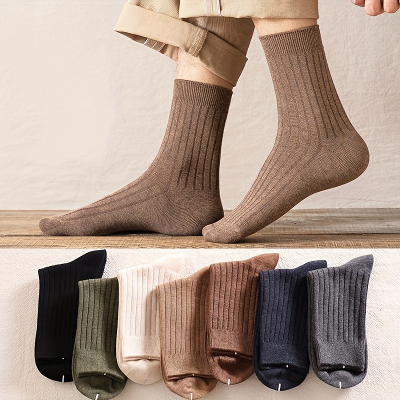 

7 Pairs Of Men's Anti Odor & Sweat Absorption Knitted Stripe Crew Socks, Comfy & Breathable Elastic Business Socks, For Daily Wearing, All Seasons Wearing