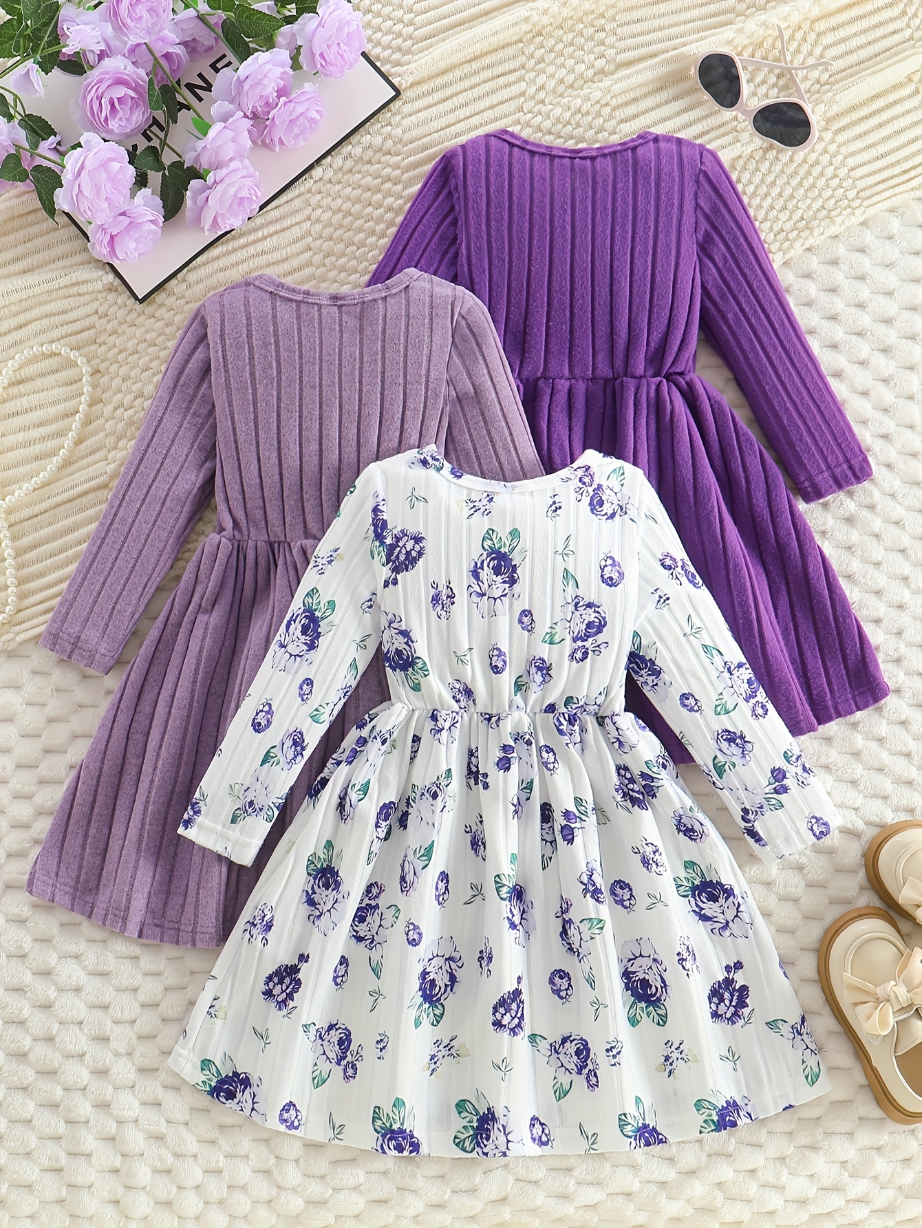 3pcs Girls' Winter Dresses - Long Sleeve A-Line Knee-Length Skirts with  Round Neck & * Button Front/Back, Casual Party Wear for Girls &  (Autumn/Winter) - Hand Washable Dresses