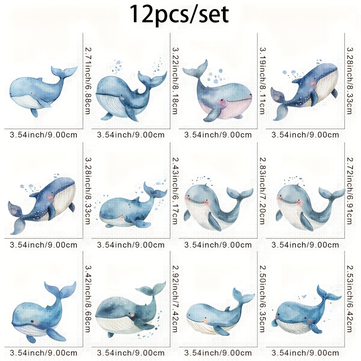 Image of 12pcs Cartoon Whale Iron-on Transfer Stickers, Diy Dtf Heat Press Decals For T-shirts, Masks, Jeans & Backpacks - Washable Patches