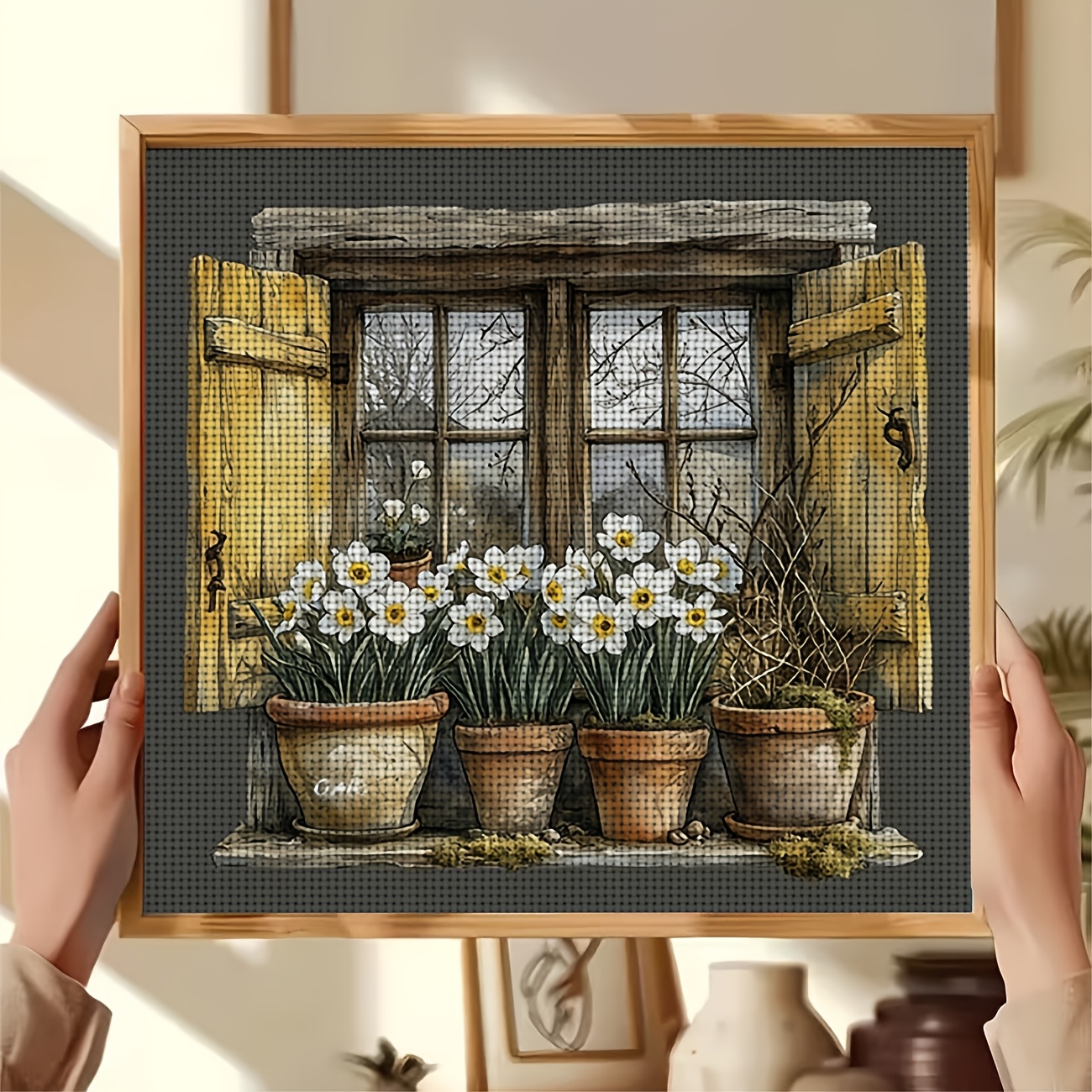 Cross Stitch Printed Kit, Frameless, Open Window, Ceramic Pot and Daffodil Pattern