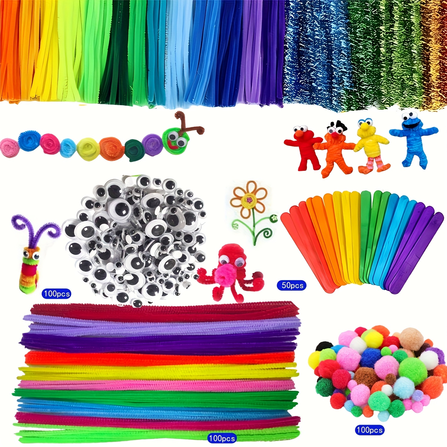 TEMU 350/890/910pcs Arts And Crafts Supplies Kits, Arts And Crafts Box With Sticks, Sequins, Glitter Pipe Cleaners, Pipe Cleaners, Button, Flower
