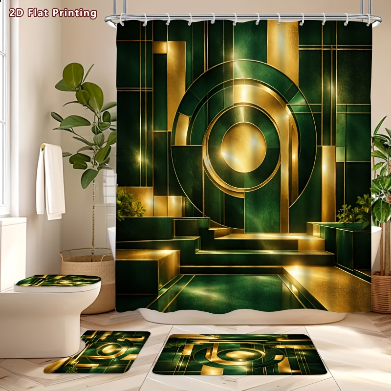 4pcs Geometric Art Deco Shower Curtain Set with Bath Mat