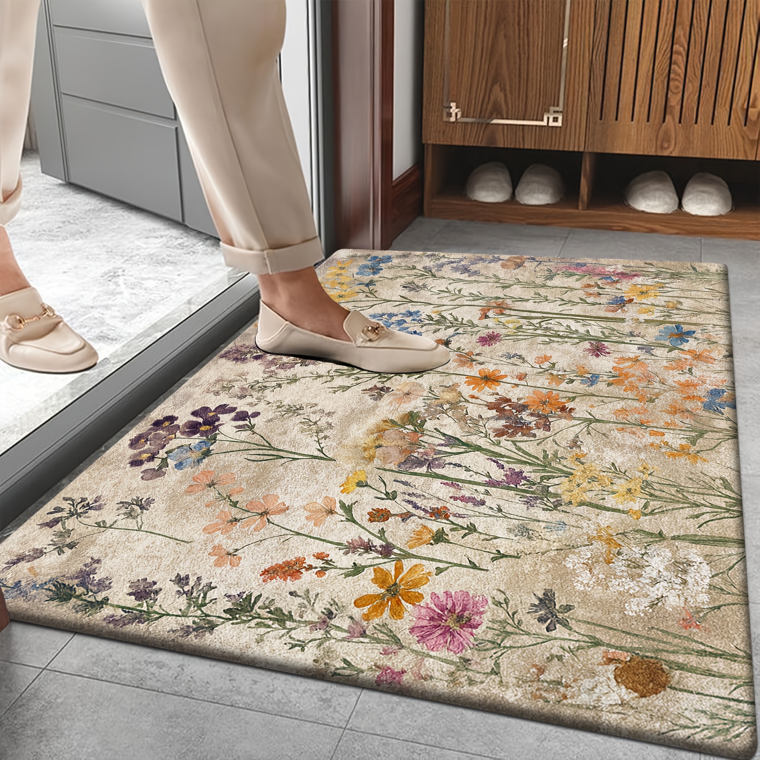 TEMU 1pc Door Mat With Colorful Pattern, Retro Style , Suitable For Bedroom, Kitchen, Dining Room, , Multi-functional Flannel Mat, Soft And