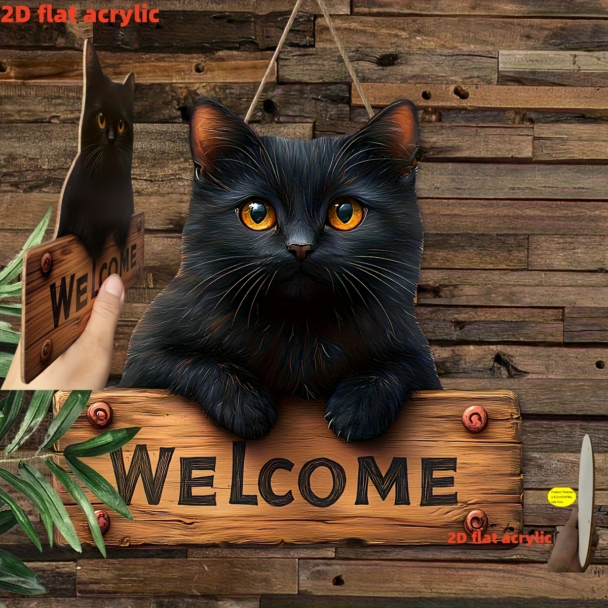 E-shop 2D flaches, 1 Stück, schwarze Katze Willkommens-Holzschild, rustikale Wanddekoration, Bauernstil Multifunktions-Dekor für Hof Zuhause, englische