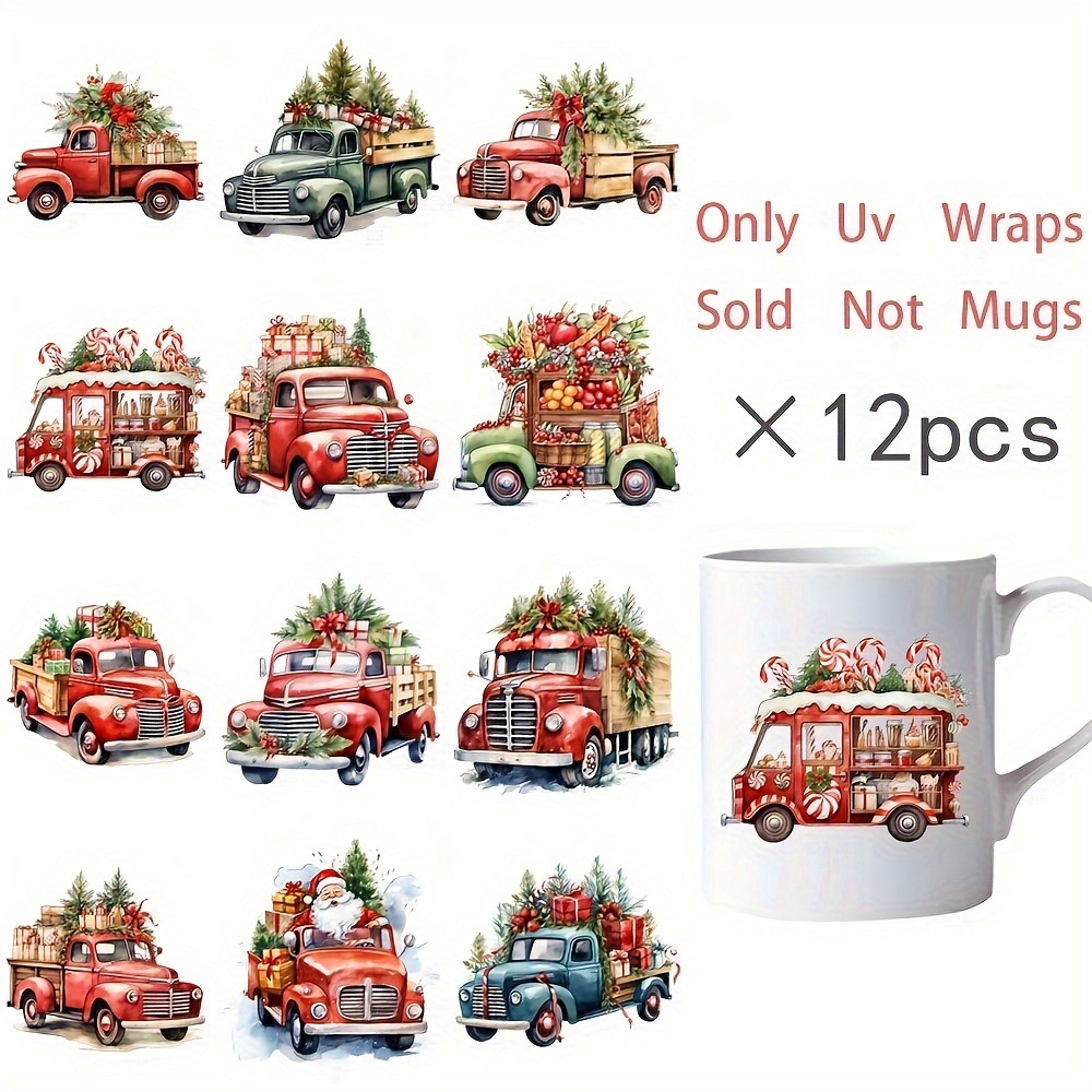 

Christmas Truck Vinyl Decal Set, 12 Pcs - Uv Dtf Adhesive Wraps For Glass Jars, Santa And Festive , Transfers, Diy Decorative Stickers - Vintage Style Vinyl Paper Decor