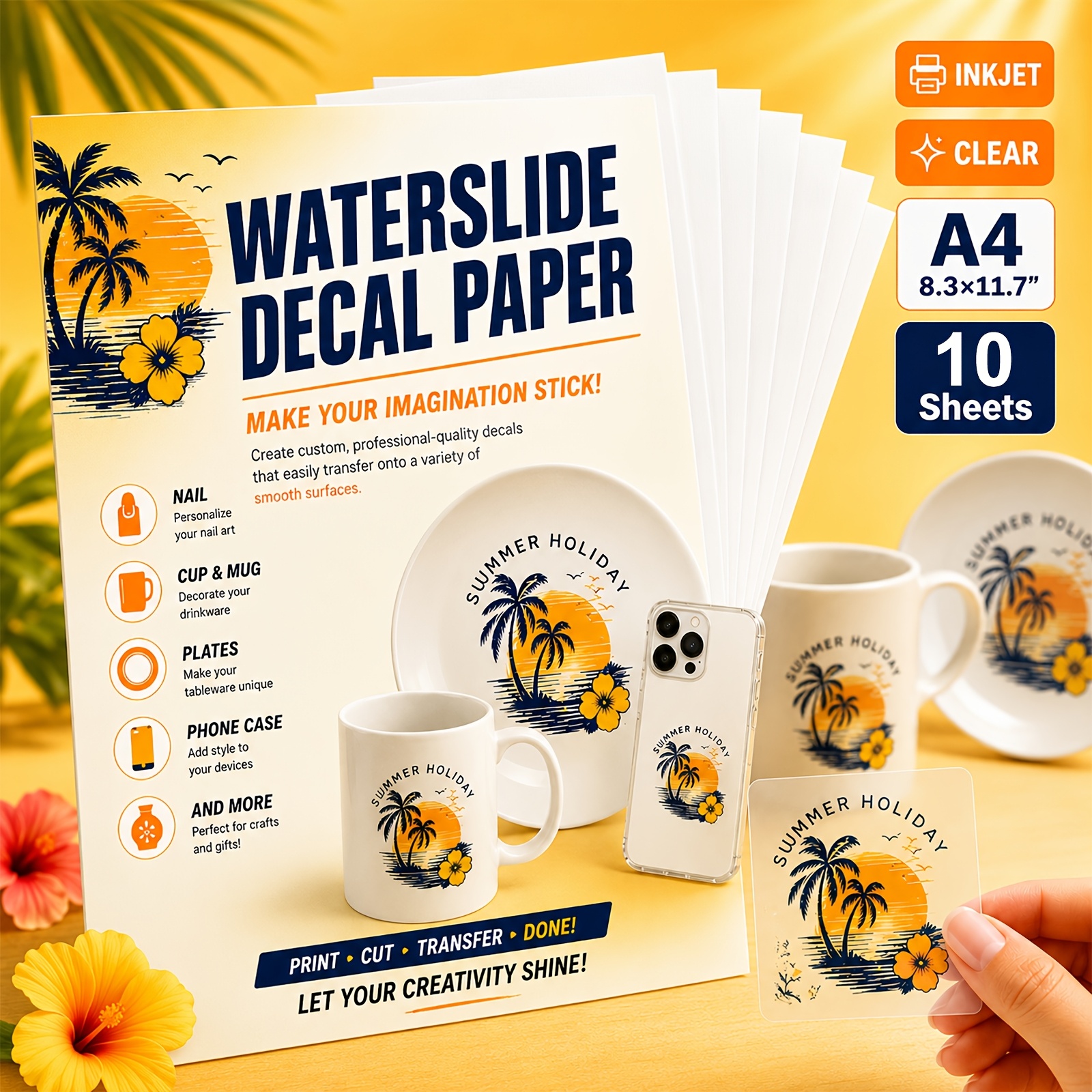 TEMU 10 feuilles de papier A4 transparent pour imprimantes jet d'encre, 8,,7 pouces, papier de transfert à glisser sur imprimable pour gobelets,