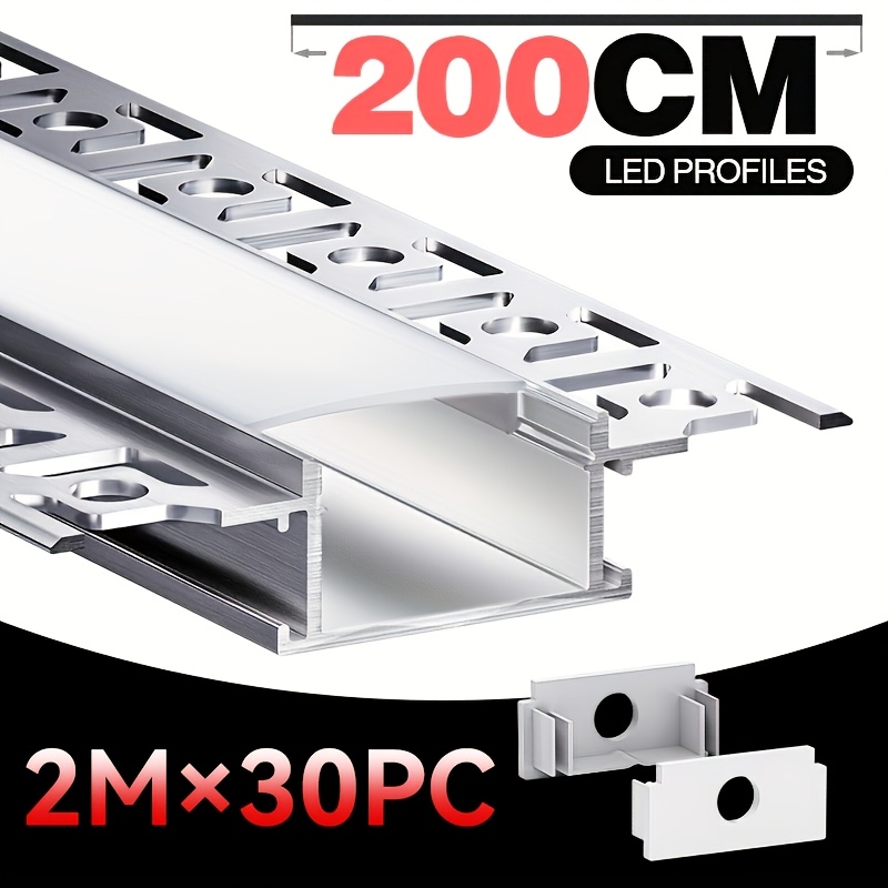 TEMU 200CM Profilé en Aluminium Support de Bande LED Clips de Montage Système de Couvercle Pour Barre Lumineuse LED Lampe de Placard ( Bande