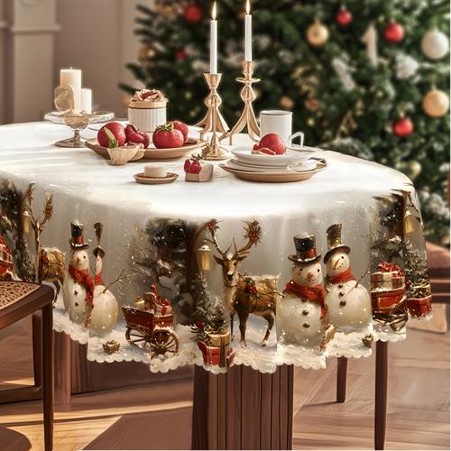 christmas tablecloth with vintage snowman reindeer christmas tree table suitable for rectangular round oval tables durable polyester fabric for party decorations