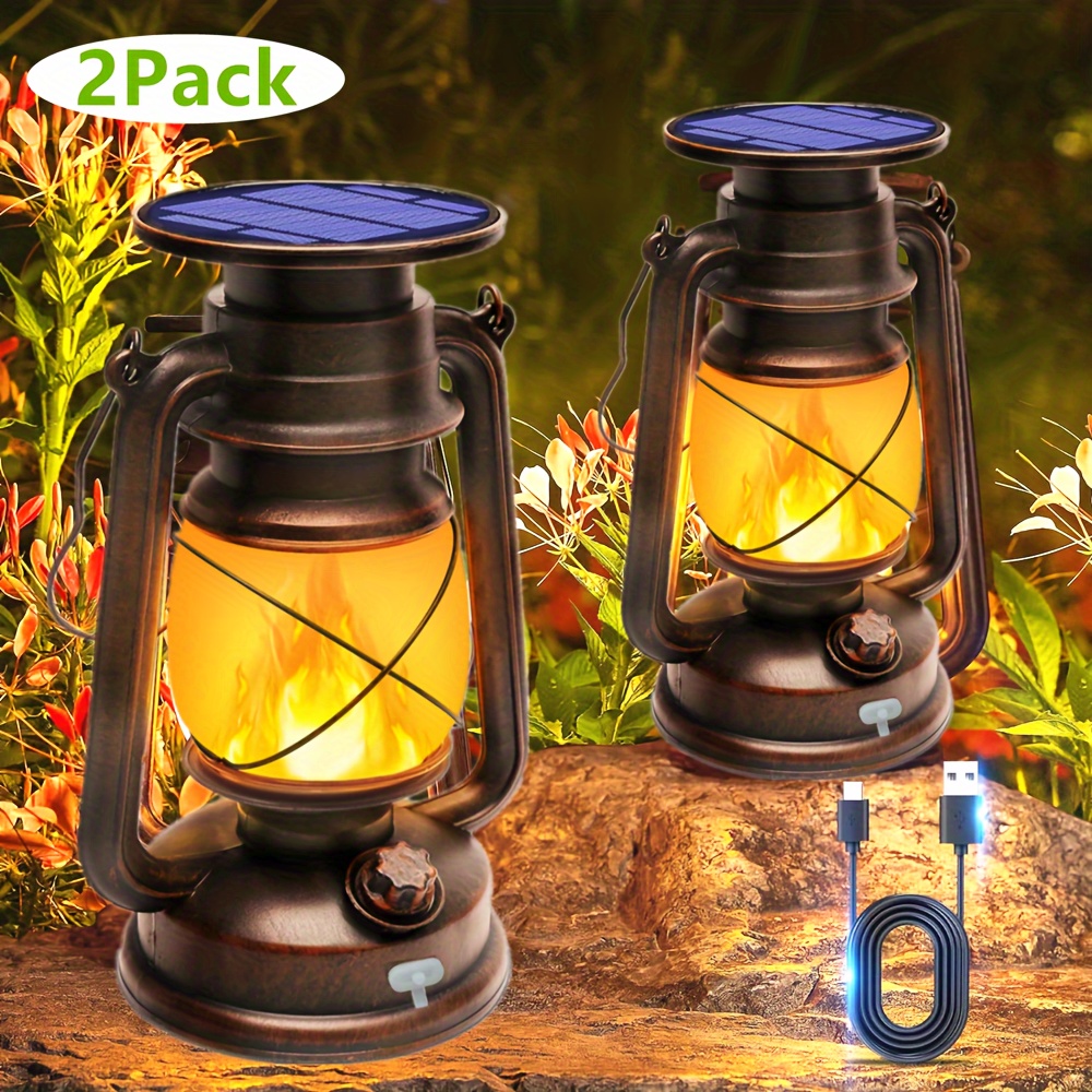 

2-pack Vintage Flickering Flame Solar Lanterns Lights, 2modes, Rechargeable Hanging Outdoor Solar Lanterns Lights, Solar Powered Lanterns For Camping Yard