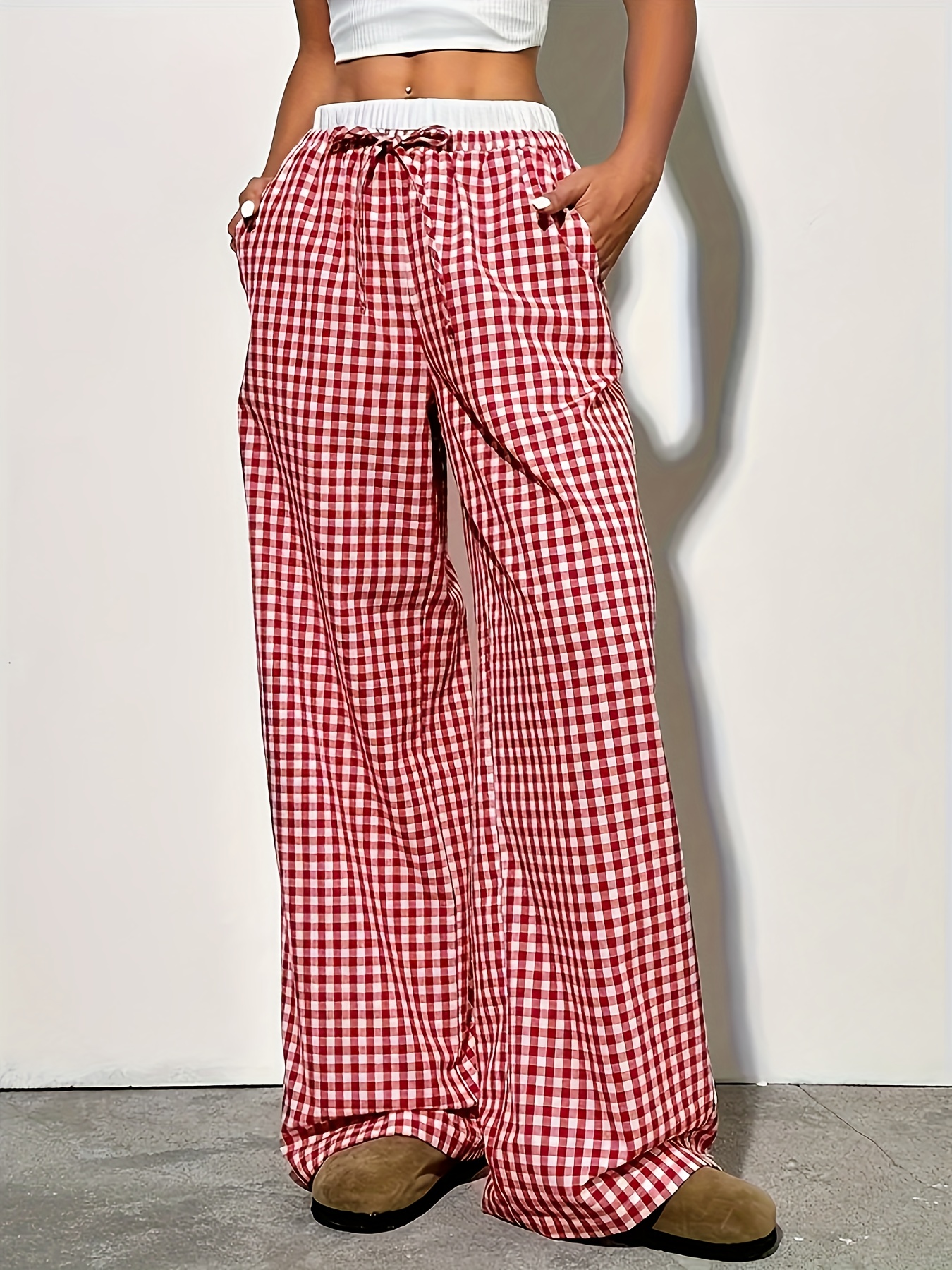 womens red white gingham print wide leg pants high waisted Temu