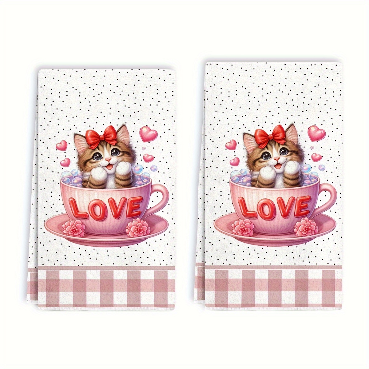 

2pcs, Hand Towels, Cute Kitty Pink Plaid Printed Dish Towels, Ultra-fine Microfiber Contemporary Absorbent Dish Cloths, Tea Towels For Cooking, Baking, Housewarming Gift