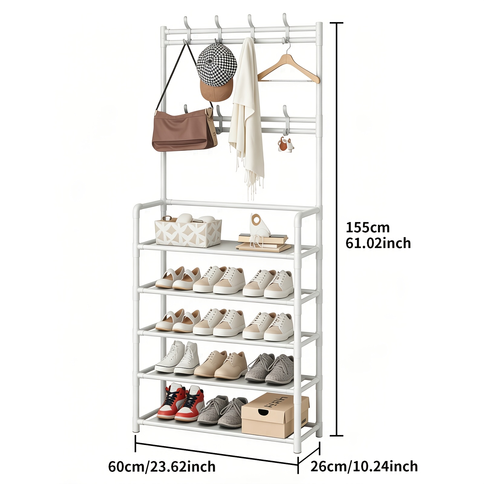 TEMU A Coat Rack Combined With A 5-tier Shoe Rack, Suitable For The Front Door Entrance, Featuring A Shoe Storage And Coat Rack With 8 Hooks. This