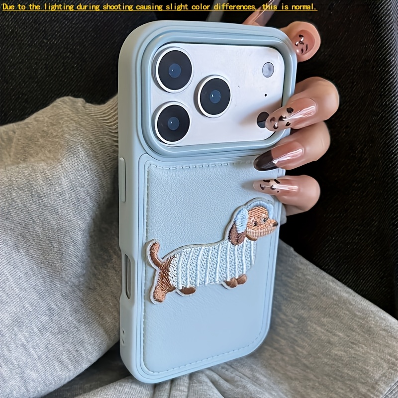 TEMU Phone Case - 1 Autumn And Winter High-end Lychee Pattern Embroidered Music Puppy Design Plush Phone Case, Beautiful Case Full Coverage Anti-fall